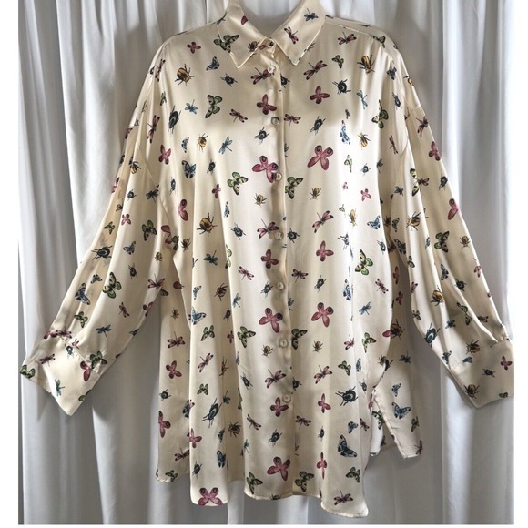 ZARA Women's Cream Butterfly Insect Print Button Up Shirt Oversized M‎ 72-27 - Picture 2 of 16